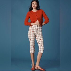 Anthropologie NWT Maeve Gingham Capri Pants with Embroidered Roses Size 16